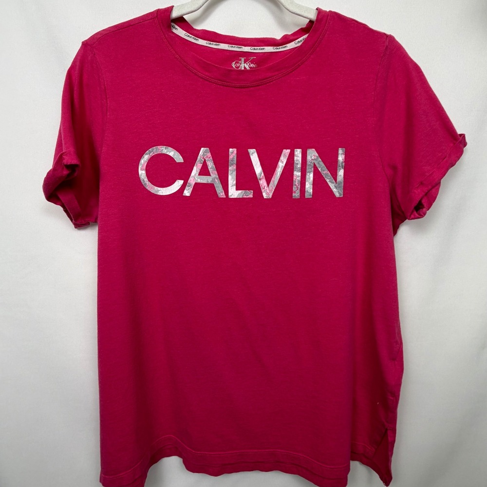 Calvin Klein Womens Fuchsia Pink Silver Foil Logo Graphic T-Shirt Size Large
